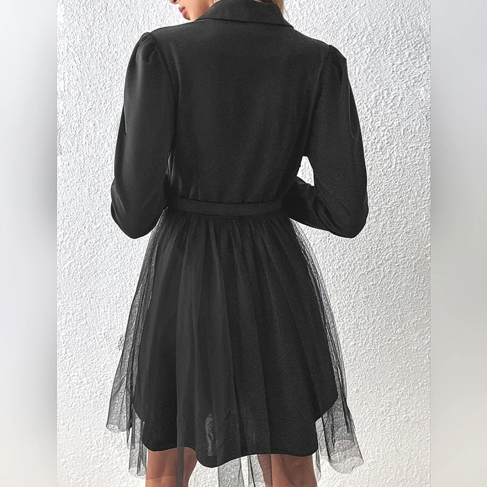 * New Chic Belted Blazer Tulle Skirt Dress Black